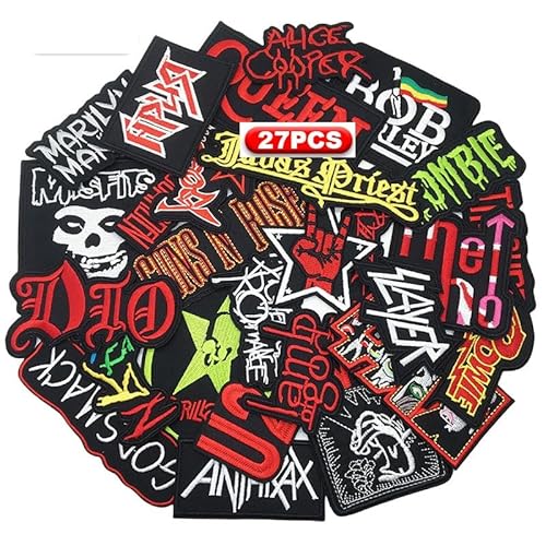 27 Stück/Lot Mixed Patches Lot Band Rock Punk Musik Stickerei Patches Aufbügler für Jacke Jeans Rucksäcke Hut Verschiedene Abzeichen Kleidung DIY Applikation Streifen (A) von LTPATCH