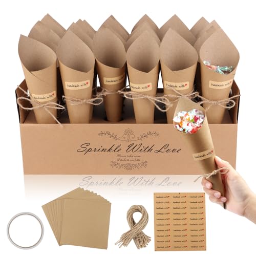 Hochzeit Konfetti Kegel Set mit 60 Kraftpapier,1 30-Löcher Konfetti-Kegelhalter Box, A.ufkleber, Juteschnur,DIY Konfettizapfen für Süßigkeiten Schokoladen Blütenblätter Dekoration von LTZGO