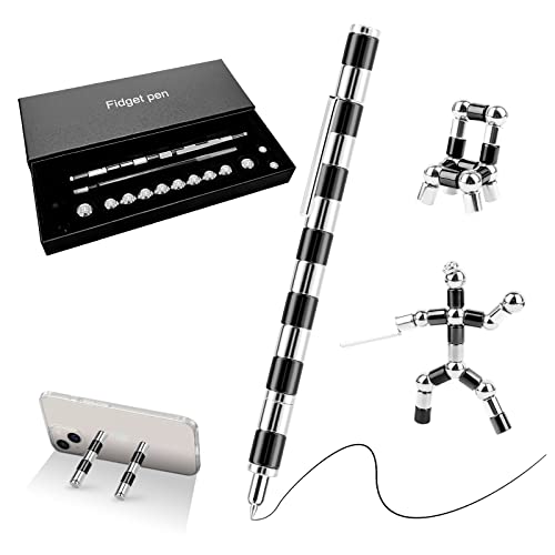 Magnetischer Kugelschreiber Fidget Pen, Lustig Multifunktions Magnetstift mit Stylus Stift voll Kreativität und Stressabbau Geschenk für Papa Männer Frauen Kinder Jugendliche Schwarz Silber- 13 Ringe von LTZGO