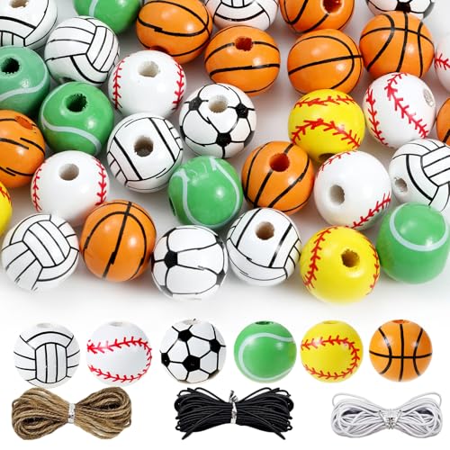 Holzperlen für Schmuckherstellung, Sport-Holzperlen, Baseball, Basketball, Fußball, Rugby, Volleyball, Fußball, zum Basteln, Armband (Sportball), 110 Stück von LUBINGSHINE