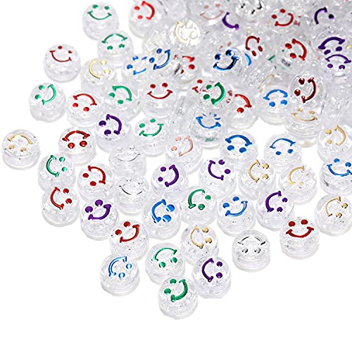 Smiley-Perlen, 10 mm, glückliches Gesicht, Acryl, süße Zwischenperlen, Halsketten und Armbänder, DIY-Schmuckzubehör, 100 Stück (transparent) von LUBINGSHINE