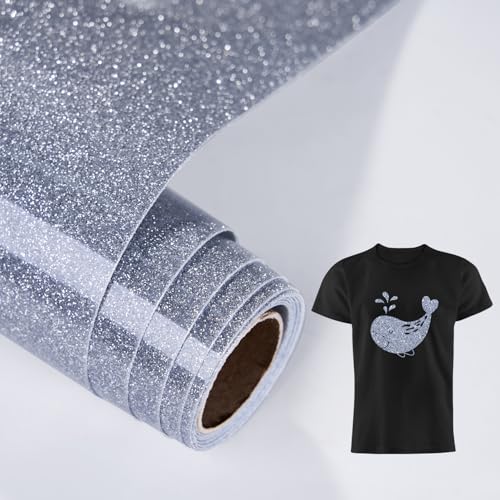 LUCKIGUCK Glitzer Plotterfolie Textil - Heat Transfer Vinyl 25cm x 150cm Transferfolie Plotter Flexfolie für Textilien Transferfolie zum Aufbügeln für DIY T-Shirt,Stoffe Textilhandwerk(Silber) von LUCKIGUCK