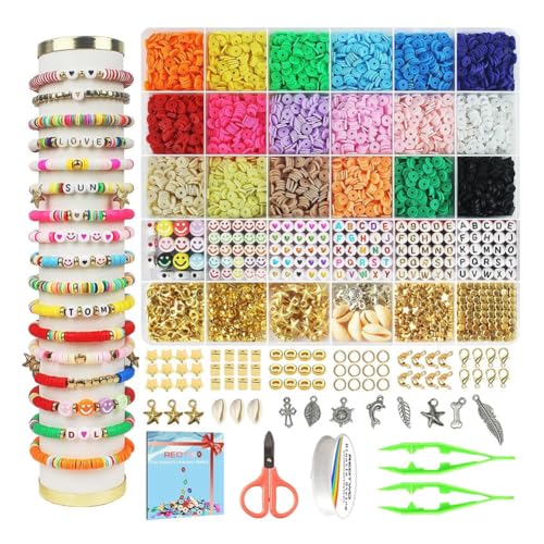 Clay Beads Bracelet Making Kit, 6000 Stück Polymer Clay Perlen Set, 24 Farben Perlen Zum Auffädeln, Armbänder Selber Machen für Perlen Set, Mit Buchstaben Perlen und Elastische Schnur (A) von LUCKKY