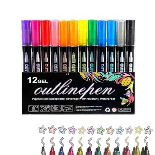 Dual-Line Contour Pen, Doppellinien-Konturenstift, Farbige Lightstick Graffiti-Highlighter-Stifte, Schimmer Marker Set, Selbstkonturierung Metallic Marker Stifte für Zeichnen, DIY-Basteln (12Farbe) von LUCKKY