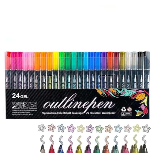 Dual-Line Contour Pen, Doppellinien-Konturenstift, Farbige Lightstick Graffiti-Highlighter-Stifte, Schimmer Marker Set, Selbstkonturierung Metallic Marker Stifte für Zeichnen, DIY-Basteln (24Farbe) von LUCKKY