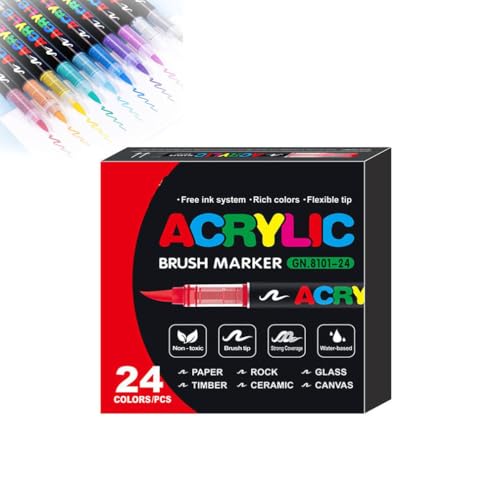 Straight Liquid Acrylic Marker, Flüssig-Acrylmarker gerade, Acrylstifte Marker Stifte, Acrylstifte für Steine Wasserfest, Pinselspitze Acrylfarbe Stifte, Multimarker für Kinder DIY (24PCS) von LUCKKY