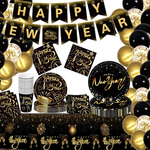 Happy New Year Geschirr-Set – 125 Teile | Happy New Year Geschirr-Set | Silvester Party Banner, Luftballons, Tassen, Teller und Servietten für 24 Gäste | Silvesterpartyzubehör 2025 (Neujahr 1) von LUCKKYY