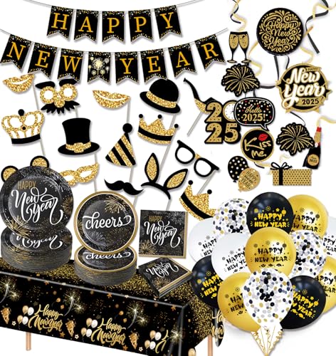 Happy New Year Geschirr-Set – 125 Teile | Happy New Year Geschirr-Set | Silvester Party Banner, Luftballons, Tassen, Teller und Servietten für 24 Gäste | Silvesterpartyzubehör 2025 (Neujahr 2) von LUCKKYY