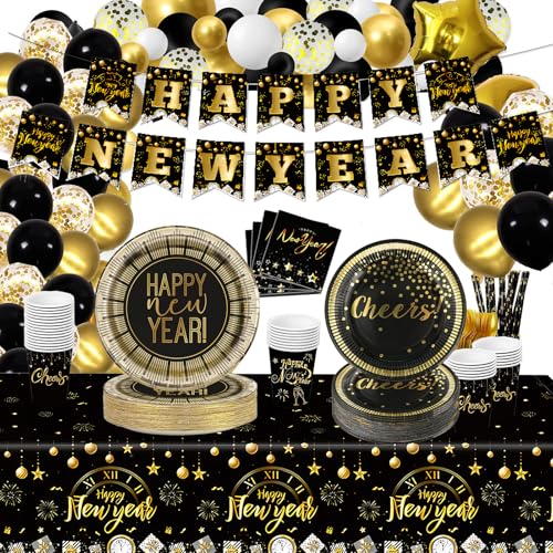 Happy New Year Party Supplies Geschirr-Set, serviert 24 Gäste, einschließlich Neujahrs-Teller, Becher, Servietten, Ballon, Tischdecke und Feier-Banner für Schwarz-Gold-Jahr-Party-Dekoration von LUCKKYY