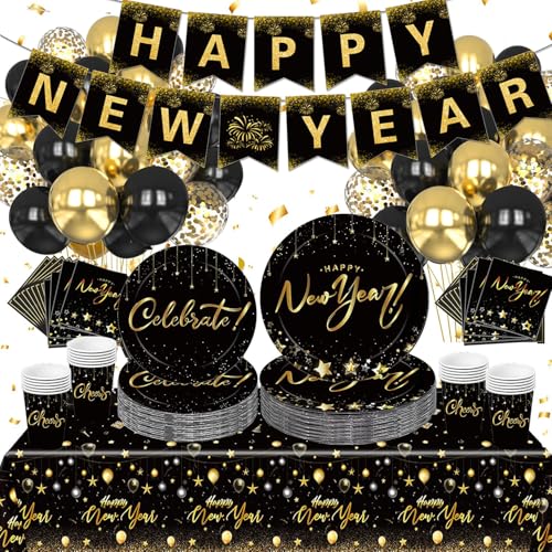 Happy New Year Party Supplies Geschirr-Set, serviert 24 Gäste, einschließlich Neujahrs-Teller, Becher, Servietten, Ballon, Tischdecke und Feierbanner für Schwarz-Goldjahr-Party-Dekoration (Schwarz-1) von LUCKKYY