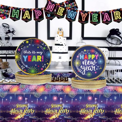 LUCKKYY Happy New Year's Eve Party Supplies Geschirr-Set, Happy New Year Geschirr-Set für Silvester 2025 (N-YEW-1) von LUCKKYY