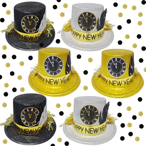 LUCKKYY Silvester-Partyzubehör 2025 I 6 Stück Erwachsene schwarz-silber und goldfarbene Zylinderhüte 2025 Neujahrsdekorationen Happy New Year Dekorationen 2025 Bulk Party Favors von LUCKKYY