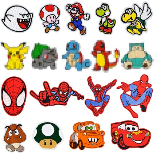 LUCKYKODOR 18 Stück Bügelflicken Kinder mit SpiderMan Flicken zum Aufbügeln Patch Sticker Kinder Aufnäher zum Aufbügeln Bügelbilder für DIY T-shirt Jeans Kleidung Applique Zubehör von LUCKYKODOR