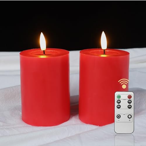 LUCOZA 2er Set Flackernde Flammenlose LED Kerzen mit Timer und Fernbedienung für Innen, 10 cm Batteriebetriebene LED Echtwachskerzen, Realistische Stumpenkerze mit 3D-Dochtlich, Rot von LUCOZA