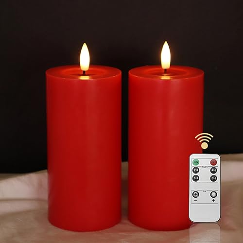 LUCOZA 2er Set Flackernde Flammenlose LED Kerzen mit Timer und Fernbedienung für Innen, 15 cm Batteriebetriebene LED Echtwachskerzen, Realistische Stumpenkerze mit 3D-Dochtlich, Rot von LUCOZA