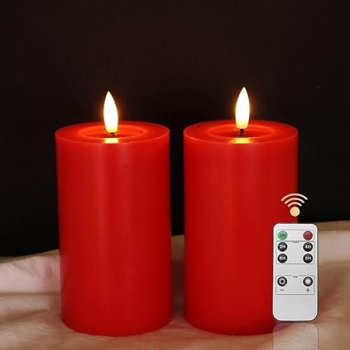 LUCOZA 2er Set Flackernde Flammenlose LED Kerzen mit Timer und Fernbedienung für Innen, 12,5 cm Batteriebetriebene LED Echtwachskerzen, Realistische Stumpenkerze mit 3D-Dochtlich, Rot von LUCOZA