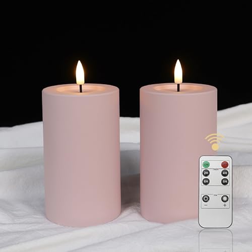 LUCOZA 2er Set Outdoor LED Kerzen, 12,7 cm Wasserdichte Flammenlose Kerzen mit Timer und Fernbedienung, Batteriebetriebene im Freien Stumpenkerzen für Innen Außen, Dekor für Garten Balkon (Rosa) von LUCOZA