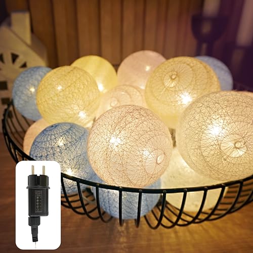 LUCOZA Baumwollkugeln Lichterkette Strombetrieben mit Timer, 6m 20 LED Dimmbarer Cotton Ball Kugeln Bälle Lichter, Nachtlicht Deko für Außen Innen Mädchen Junge Baby Schlafzimmer Balkon (Pastell) von LUCOZA