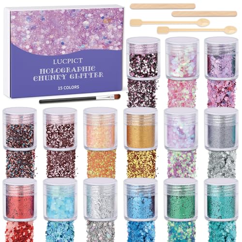 Holografischer Chunky Glitzer, 15 Farben Glitzerpulver Set für Harz, Bastel Glitzer Set für Becher Schleim Schmuck Festival-Dekoration, Kosmetischer Glitzer für Nagel Körper Gesicht Haare Make-up von LUCPICT