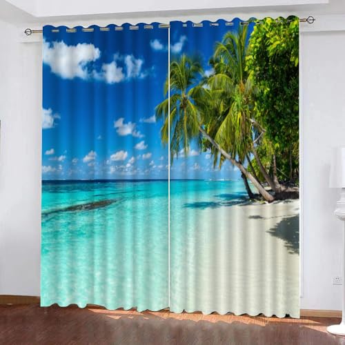 LUDSOL Klares Wasser 3D Muster Vorhänge Palmen Mit Blauem Himmel Ösen Verdunklungsgardine 245×140cm(HöhexBreite) 2 Stücke Lärmschutz Thermogardine für Jungen Mädchen Teenager Kinderzimmer von LUDSOL