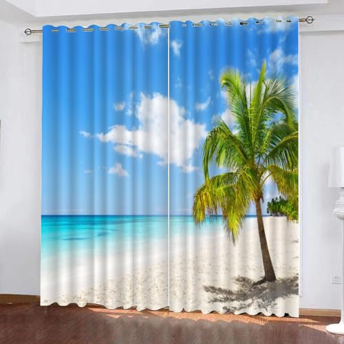 LUDSOL Strand Mit Blauem Himmel 3D Ösenvorhang Kokospalmen-Ozean Gedruckte Muster Vorhänge Weiche Lärmschutz Thermogardine 175×140cm 2 Stücke(H×B) für Schlafzimmer Kinderzimmer Wohnzimmer von LUDSOL