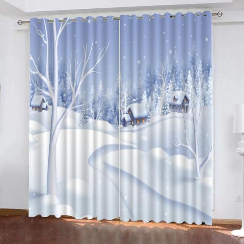 LUDSOL Weißer Schnee 3D Gedruckte Ösen Vorhänge Schneewaldhütte 2er Set Verdunklungsvorhang 175×140cm(H×B) Kälteschutz Thermo Vorhänge für Schlafzimmer Kinderzimmer Wohnzimmer von LUDSOL