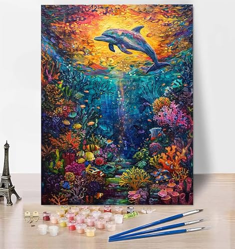 DIY Malen Nach Zahlen Erwachsene Delphin, Malen Nach Zahlen Koralle Malen Nach Zahlen ab 10 Jahre Mädchen mit Pinseln und Acrylfarben, Paint by Numbers für Zimmer Deko, Geschenke 100x135 cm 9-O von LUESUAYN