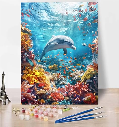 DIY Malen Nach Zahlen Erwachsene Delphin, Malen Nach Zahlen Tier Malen Nach Zahlen ab 10 Jahre Mädchen mit Pinseln und Acrylfarben, Paint by Numbers für Zimmer Deko, Geschenke für Frauen 20 x 30cm Y-7 von LUESUAYN