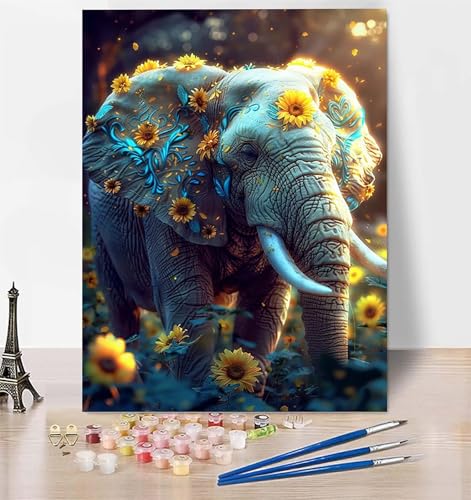 DIY Malen Nach Zahlen Erwachsene Elefant, Malen Nach Zahlen Sonnenblume Malen Nach Zahlen ab 10 Jahre Mädchen mit Pinseln und Acrylfarben, Paint by Numbers für Zimmer Deko, Geschenke 70 x 95cm 4-9 von LUESUAYN