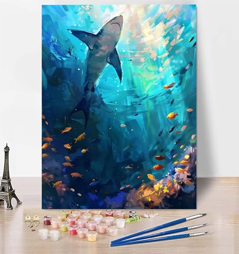 DIY Malen Nach Zahlen Erwachsene Hai, Malen Nach Zahlen Fisch Malen Nach Zahlen ab 10 Jahre Mädchen mit Pinseln und Acrylfarben, Paint by Numbers für Zimmer Deko, Geschenke für Frauen 50 x 65 cm 0-5 von LUESUAYN