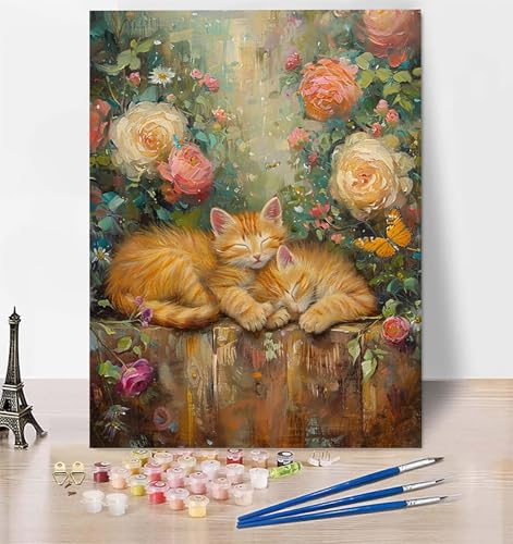 DIY Malen Nach Zahlen Erwachsene Katze, Malen Nach Zahlen Blume Malen Nach Zahlen ab 10 Jahre Mädchen mit Pinseln und Acrylfarben, Paint by Numbers für Zimmer Deko, Geschenke für Frauen 20 x 30 cm 7-O von LUESUAYN