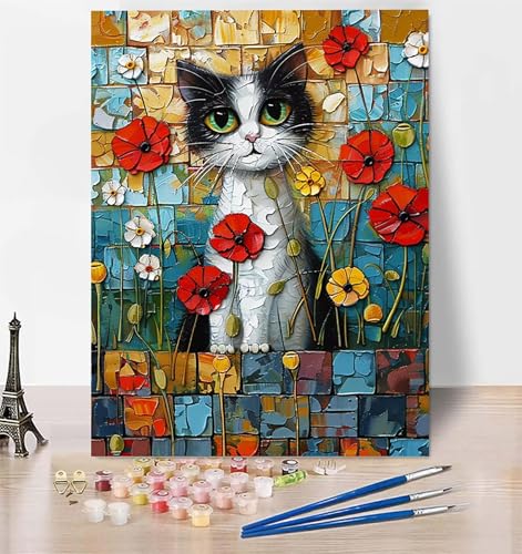 DIY Malen Nach Zahlen Erwachsene Katze, Malen Nach Zahlen Blume Malen Nach Zahlen ab 10 Jahre Mädchen mit Pinseln und Acrylfarben, Paint by Numbers für Zimmer Deko, Geschenke für Frauen 20 x 30 cm 3-I von LUESUAYN