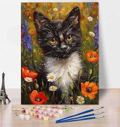 DIY Malen Nach Zahlen Erwachsene Katze, Malen Nach Zahlen Mohn Malen Nach Zahlen ab 10 Jahre Mädchen mit Pinseln und Acrylfarben, Paint by Numbers für Zimmer Deko, Geschenke für Frauen 20 x 30cm 9-4 von LUESUAYN