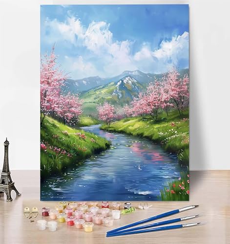 DIY Malen Nach Zahlen Erwachsene Kirschblüten, Malen Nach Zahlen Landschaft Malen Nach Zahlen ab 10 Jahre Mädchen mit Pinseln und Acrylfarben, Paint by Numbers für Deko, Geschenke 100x135 cm S-3 von LUESUAYN