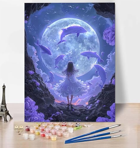 DIY Malen Nach Zahlen Erwachsene Mond, Malen Nach Zahlen Delphin Malen Nach Zahlen ab 10 Jahre Mädchen mit Pinseln und Acrylfarben, Paint by Numbers für Zimmer Deko, Geschenke für Frauen 30x40 cm 9-G von LUESUAYN