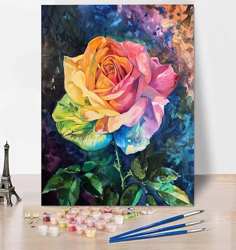 DIY Malen Nach Zahlen Erwachsene Rose, Malen Nach Zahlen Blume Malen Nach Zahlen ab 10 Jahre Mädchen mit Pinseln und Acrylfarben, Paint by Numbers für Zimmer Deko, Geschenke für Frauen 20 x 30cm 3-J von LUESUAYN