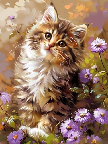 Katze Diamond Painting XXL Blume Crystal Art, Diamond Painting Eckige Steine Basteln Erwachsene Anfänger DIY Stickerei Kreuzstich Bastelset für Wanddeko, Zimmer Deko, Geschenke (20x30cm) -2502yEM von LUESUAYN