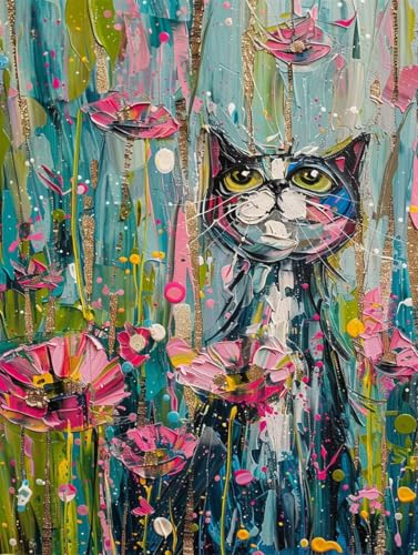 Katze Diamond Painting XXL Blume Crystal Art, Diamond Painting Eckige Steine Basteln Erwachsene Anfänger DIY Stickerei Kreuzstich Bastelset für Wanddeko, Zimmer Deko, Geschenke (40x55cm) -2502y7K von LUESUAYN