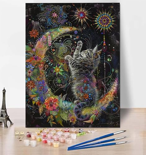 Malen Nach Zahlen Katze Malen Nach Zahlen Erwachsene, Malen Nach Zahlen Kinder Mond Bastelset Erwachsene Malen-Nach-Zahlen mit Pinseln und Acrylfarben für Deko Wohnzimmer, Geschenke 60 x 80cm 4-3 von LUESUAYN