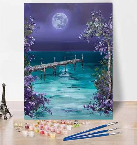 Malen Nach Zahlen Ozean Malen Nach Zahlen Erwachsene, Malen Nach Zahlen Kinder Mond Bastelset Erwachsene Malen-Nach-Zahlen mit Pinseln und Acrylfarben für Deko Wohnzimmer, Geschenke 50x65 cm T-W von LUESUAYN