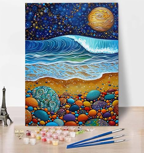 Malen Nach Zahlen Wellen Malen Nach Zahlen Erwachsene, Malen Nach Zahlen Kinder Mond Bastelset Erwachsene Malen-Nach-Zahlen mit Pinseln und Acrylfarben für Deko Wohnzimmer, Geschenke 40x50 cm 9-0 von LUESUAYN