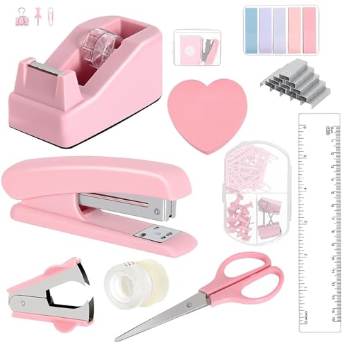 LUFEIS Pink Bürobedarf, Hefter und Heftklammern-Set mit 400 Heftklammern, Clips, Klebeband, Schere und Tabs, Hefter und Locher Set, rosa Büro-Schreibtischzubehör für Studenten, Frauen, Kollegen von LUFEIS