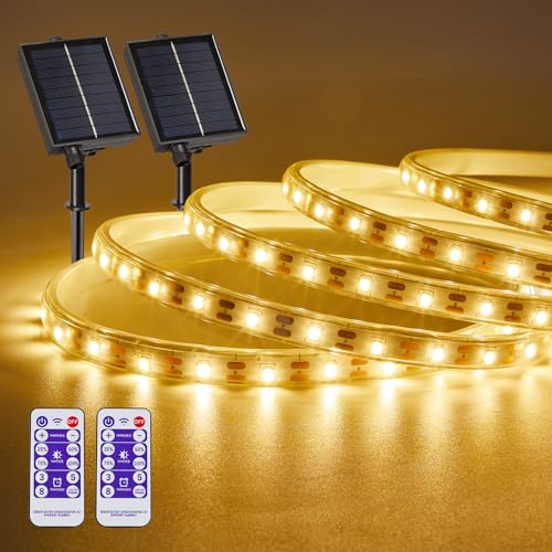 LUHLEE Solar-LED-Lichtstreifen, 2023 Upgrade, für den Außenbereich, 8 Beleuchtungsmodi, IP65 wasserdichte Lichterkette für Terrasse, Hof, Veranda, Balkon, Garten (Warmweiß, 8 m) von LUHLEE