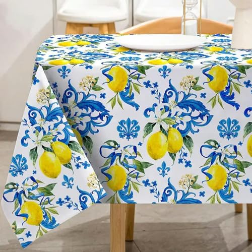 Rechteckige Tischdecke mit sommerlichem Zitronenblumen-Motiv, Party-Dekoration, wasserdichter Stoff, Tischdecke für Küche und Esstisch, Weiß, 140 x 280 cm, 55 x 110 Zoll von LUHYSU