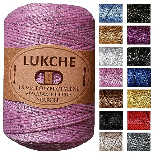 Lukche 1,5 mm x 130 m, Premium-Polyester-Makramee-Schnur, funkelnd, buntes Seil, Garn Häkeln, Makramee-Zubehör für Taschen, Bodenplatten, Teppiche (Pink Silber) von LUKCHE