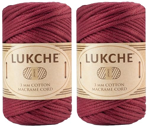 Lukche Geflochtene Makramee-Schnur aus Baumwolle, 3 mm x 90 m, farbiges Baumwollseil, Makramee-Garn, bunte Baumwoll-Bastelschnur zum Aufhängen, Pflanzenaufhänger, Basteln, Stricken, Burgunderrot, 3 von LUKCHE