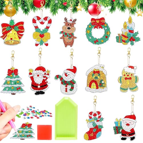 LUKIUP 12 PCS DIY Diamond Painting Weihnachten Schlüsselanhänger, Diamond Painting Set, Diamond Painting Kinder DIY Basteln Weihnachten, Making Weihnachtsbaum Fenster Hängend Winter Deko von LUKIUP