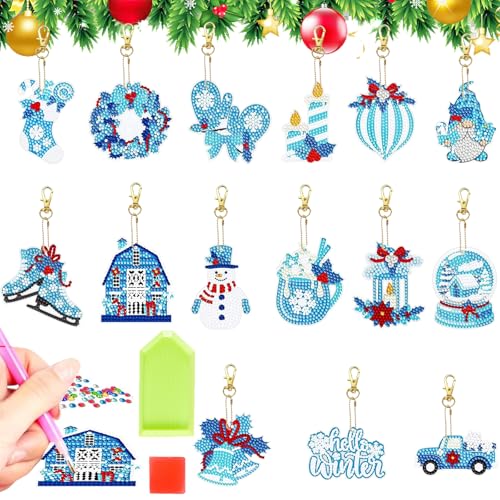 LUKIUP 15 PCS DIY Diamond Painting Weihnachten Schlüsselanhänger, Schneemann Diamond Painting Set, Diamond Painting Kinder DIY Basteln Weihnachten, Making Weihnachtsbaum Fenster Hängend Winter Deko von LUKIUP