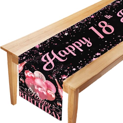 LUKIUP Tischläufer 18 Geburtstag Schwarz Rosa Happy, Tischband zum, 18. Geburtstag Mädchen Frauen Jahrestag Feier Party Dinner Tisch Leinen Tuch Deko für Zuhause Küche Draußen Drinnen, 180x35 cm von LUKIUP