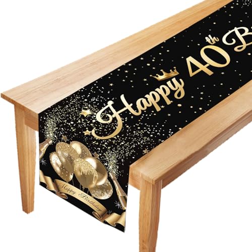 LUKIUP Tischläufer 40 Geburtstag Schwarz Gold Happy, 40. Geburtstag Männer Frauen Jahrestag Feier Party Dinner Tisch Leinen Tuch Deko für Zuhause Küche Draußen Drinnen, 180x35 cm von LUKIUP